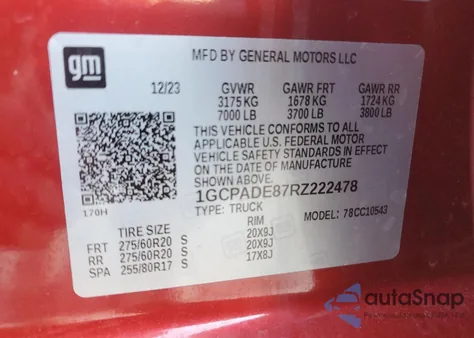 2024 Chevrolet Silverado C1500 Rst from USA, damaged, VIN 1GCPADE87RZ222478